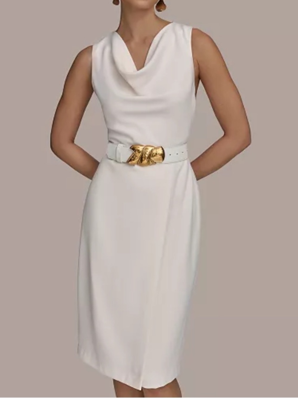Donna Karan New York Belted Sheath Dress Ivory Cowl Neck Gold Buckle Size 10 NWT
